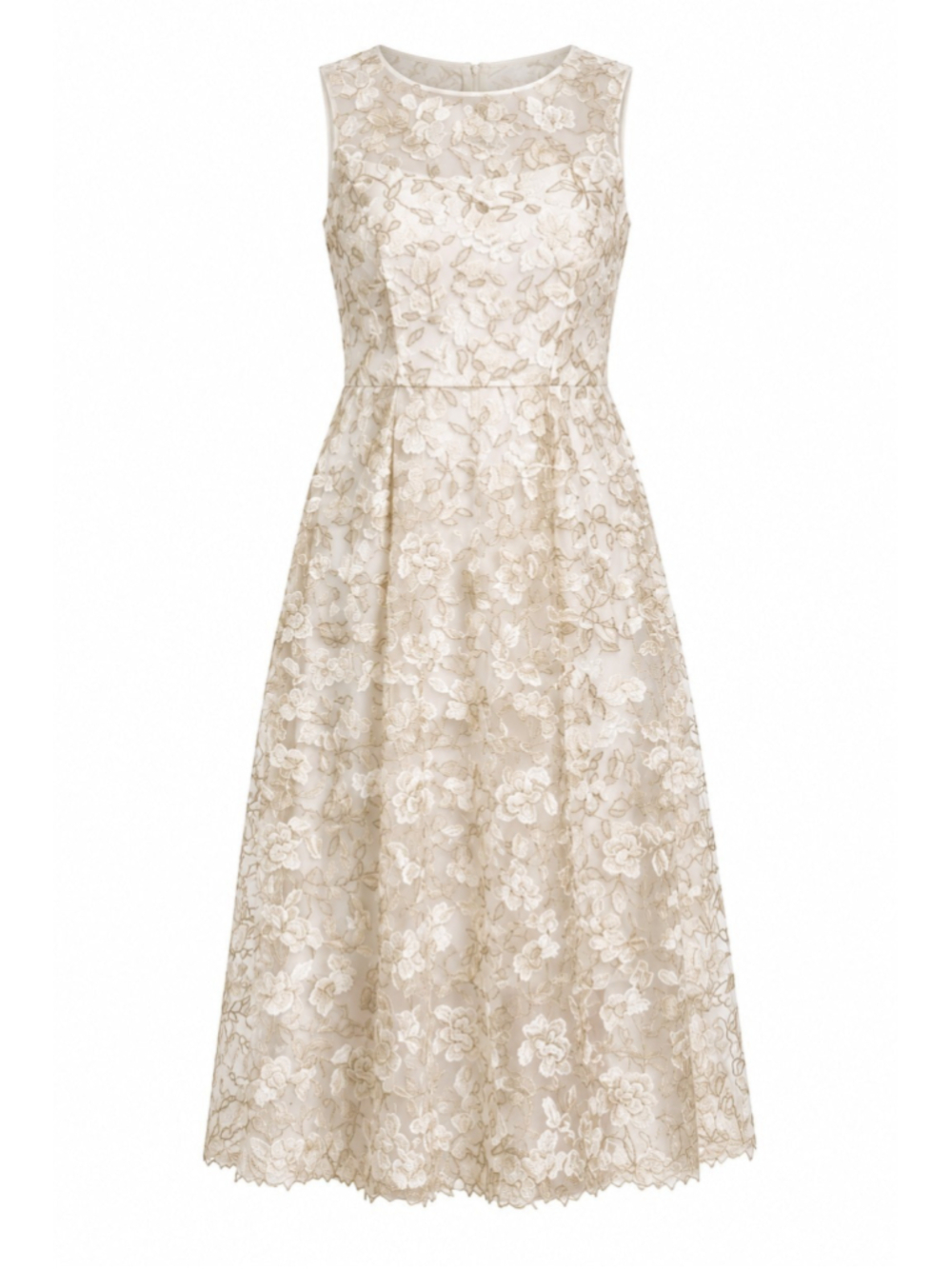 Adrianna Papell Floral Embroidered Fit & Flare Midi Dress Cream & Gold Sz 4 NWT